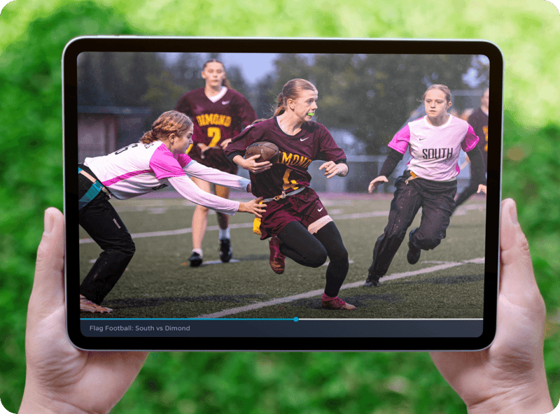 A tablet displaying a flag football game video on the MaxPreps Advantage platform