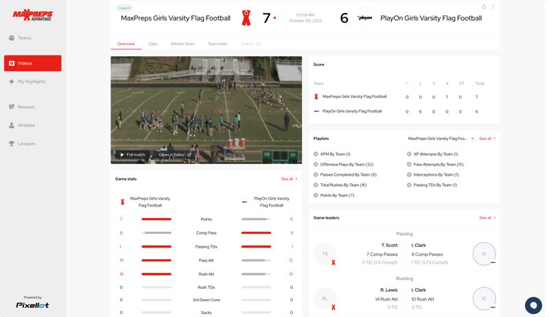 MaxPreps Advantage platform showing athlete passing, offense, and defense stats for a girls varsity flag football game