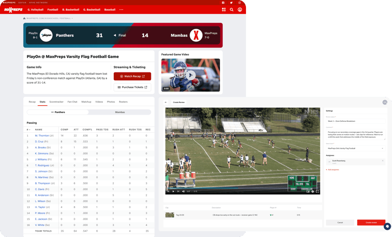 MaxPreps Advantage platform alongside the MaxPreps game page, showing film review tools, player stats, and coach review creation for a girls varsity flag football game